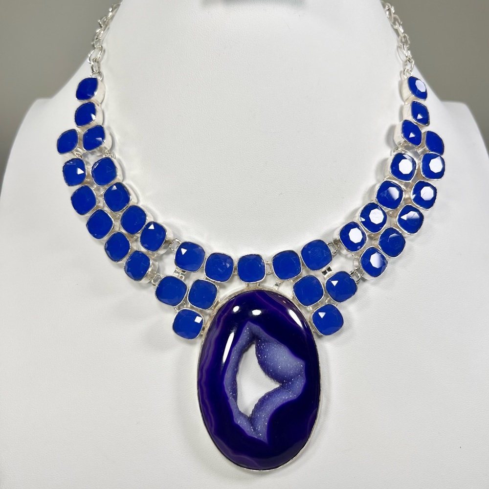 Stunning Botswana & Chalcedony 925 Large Necklace